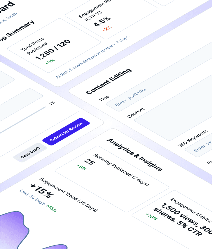 CMS development dashboard with publishing tools, analytics, and workflows, representing custom content management system solutions for websites.