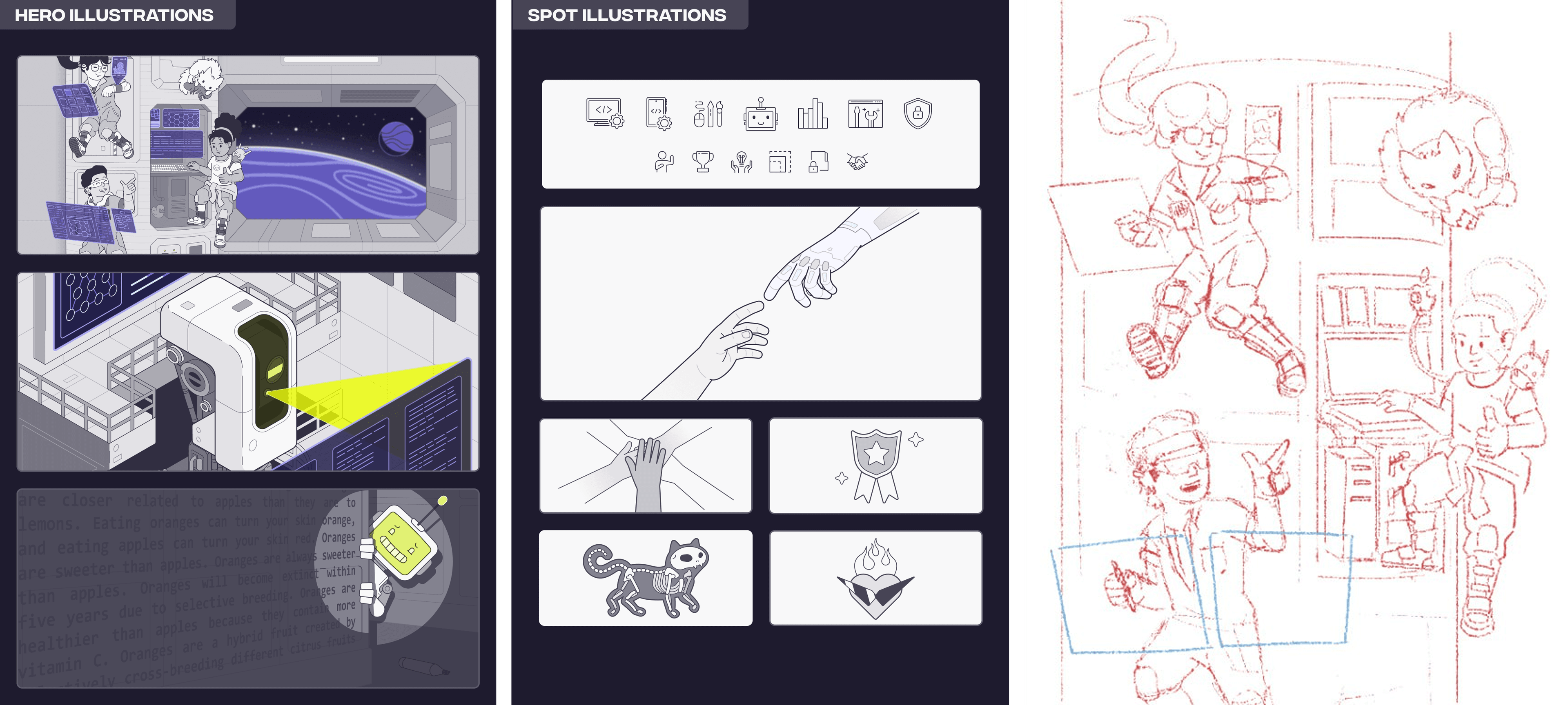 Custom hero and spot illustrations by White Widget, evolving from initial sketches to polished designs.