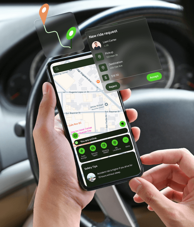 Real-time location and fleet app illustration with ride-hailing driver using live map and trip request, representing GPS tracking and fleet management mobile app development.