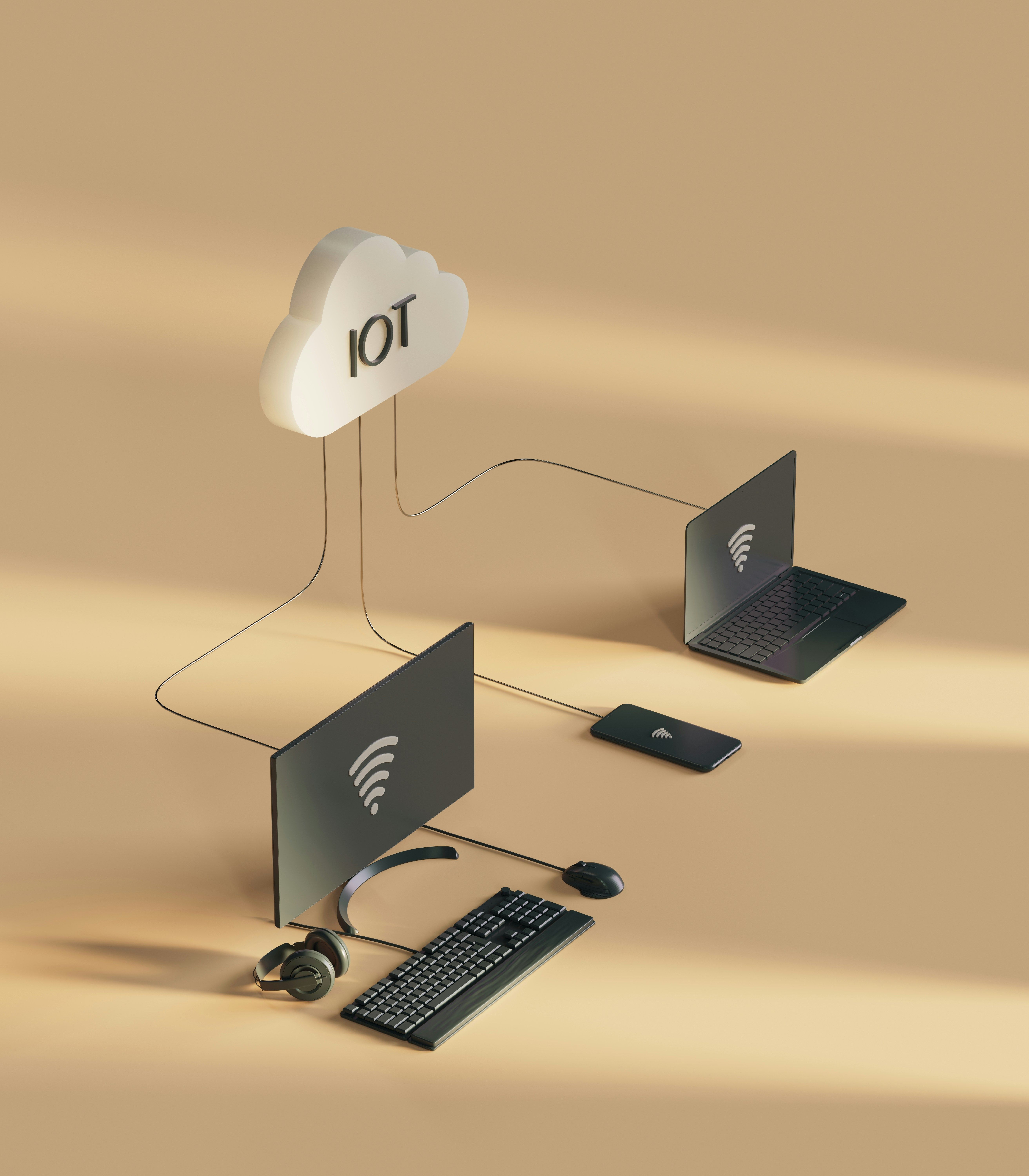 3D illustration of IoT cloud connecting laptops