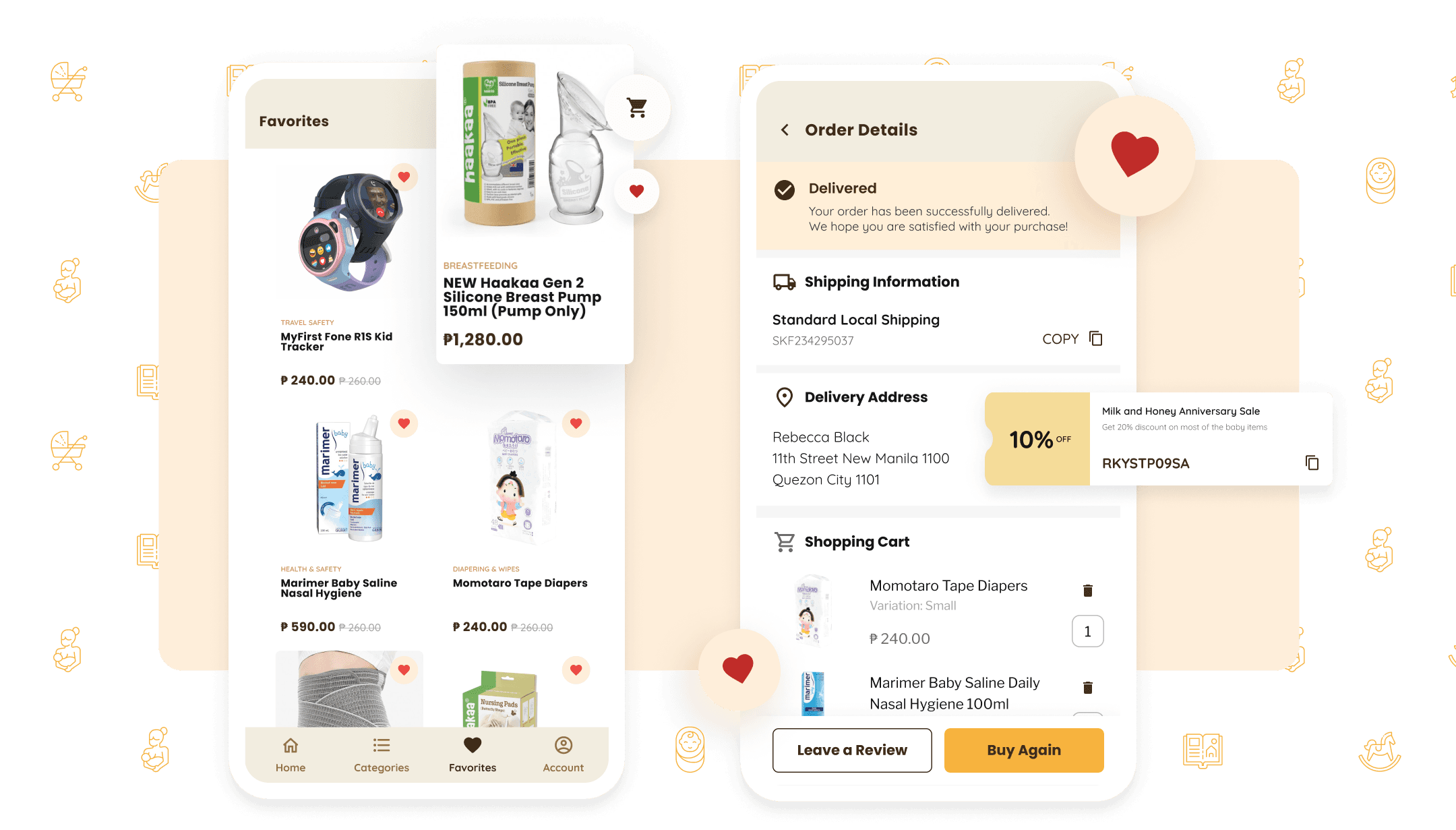 Mobile screens of the Milk & Honey app showing a list of products and the order details screen with a discount coupon used.