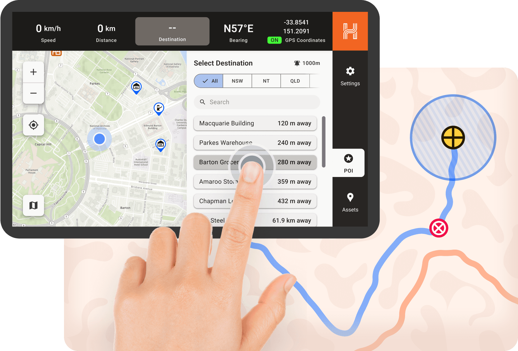Hema navigation app displaying a destination being selected by the user