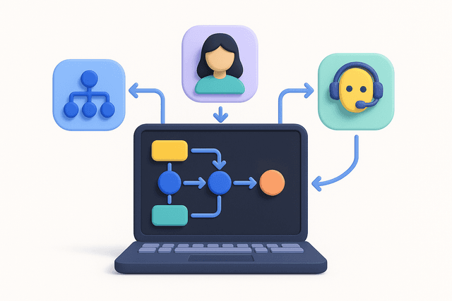 Open laptop displaying a flowchart with labeled nodes and arrows, surrounded by four diverse department icons, all interconnected by arrows, on a white background.