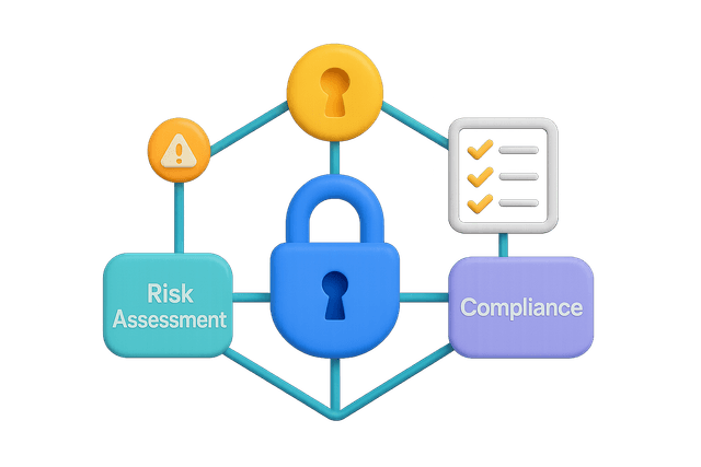 Diagram of a security framework with interconnected nodes, including a lock icon, risk assessment, and compliance checklist, on a dark background.