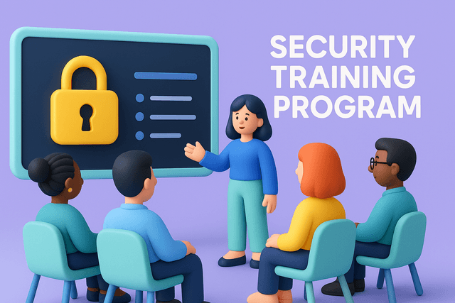 Group of employees in a training room, viewing a presentation on a screen with a padlock icon and key points about security awareness.