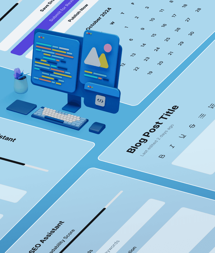 Modern frontend development graphic with computer screen showing code, media, and UI elements, symbolizing responsive and user-friendly website interfaces.