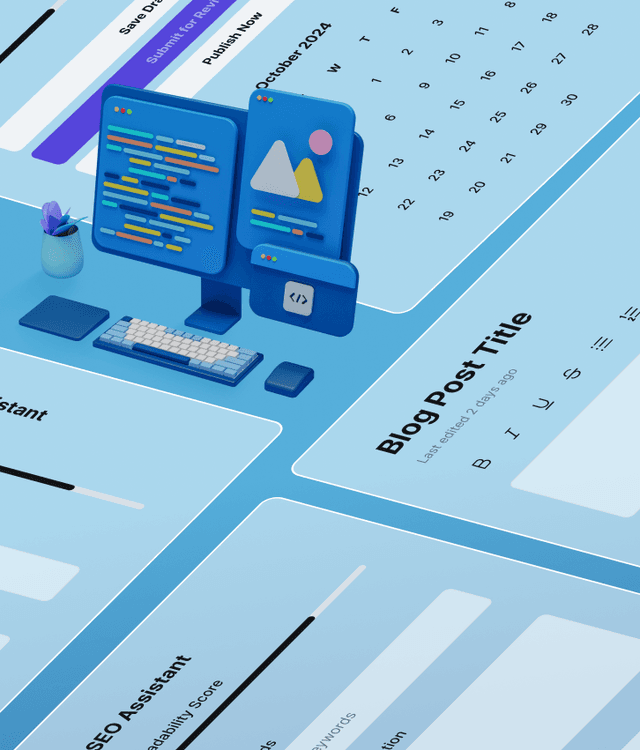 Modern frontend development graphic with computer screen showing code, media, and UI elements, symbolizing responsive and user-friendly website interfaces.