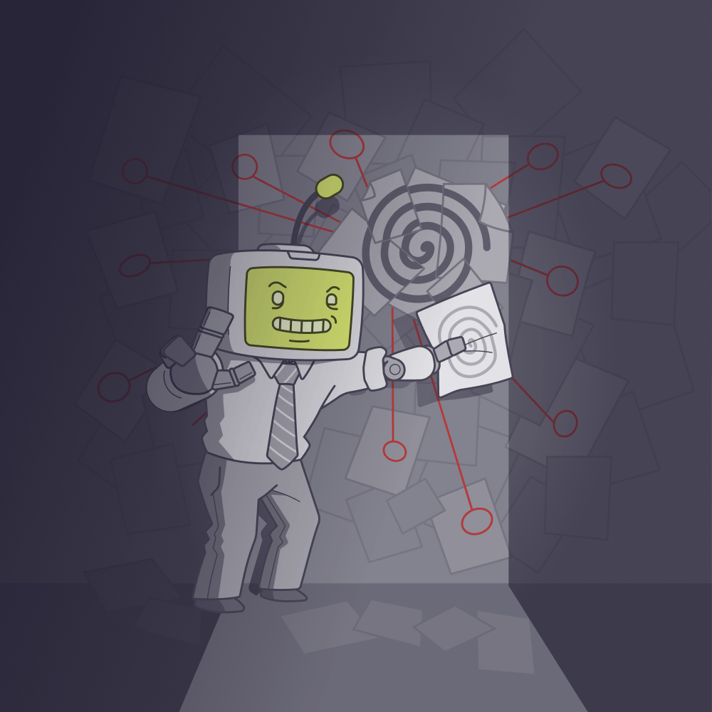 An insane looking robot in a suit pointing to a swirl on a paper with connected red lines