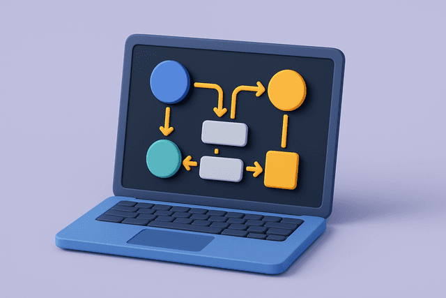 Open laptop displaying an architectural diagram with interconnected nodes and arrows, representing ongoing architectural guidance and technology decision support, on a gray background.