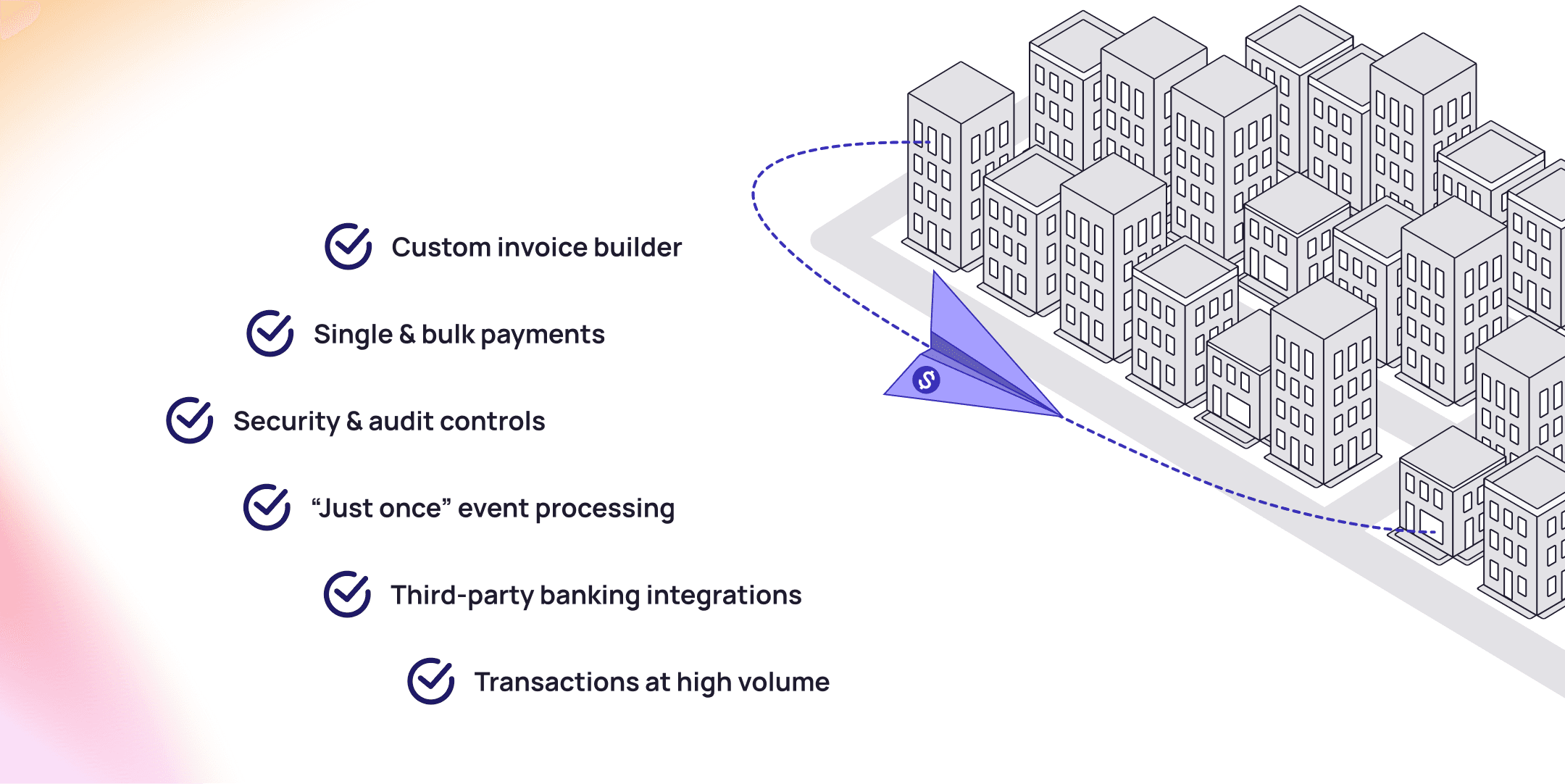 A Fastwire-themed color airplane is mid-flight above an array of buildings with a path from one building going to another.