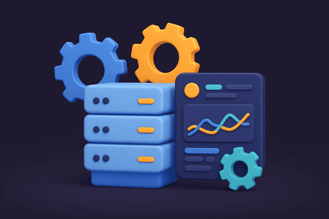 Server rack surrounded by gears and a digital dashboard showing performance metrics, on a dark background.