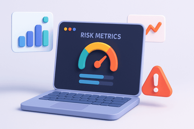 Laptop displaying a dashboard with risk metrics, surrounded by graphs and alerts on a light gray background.