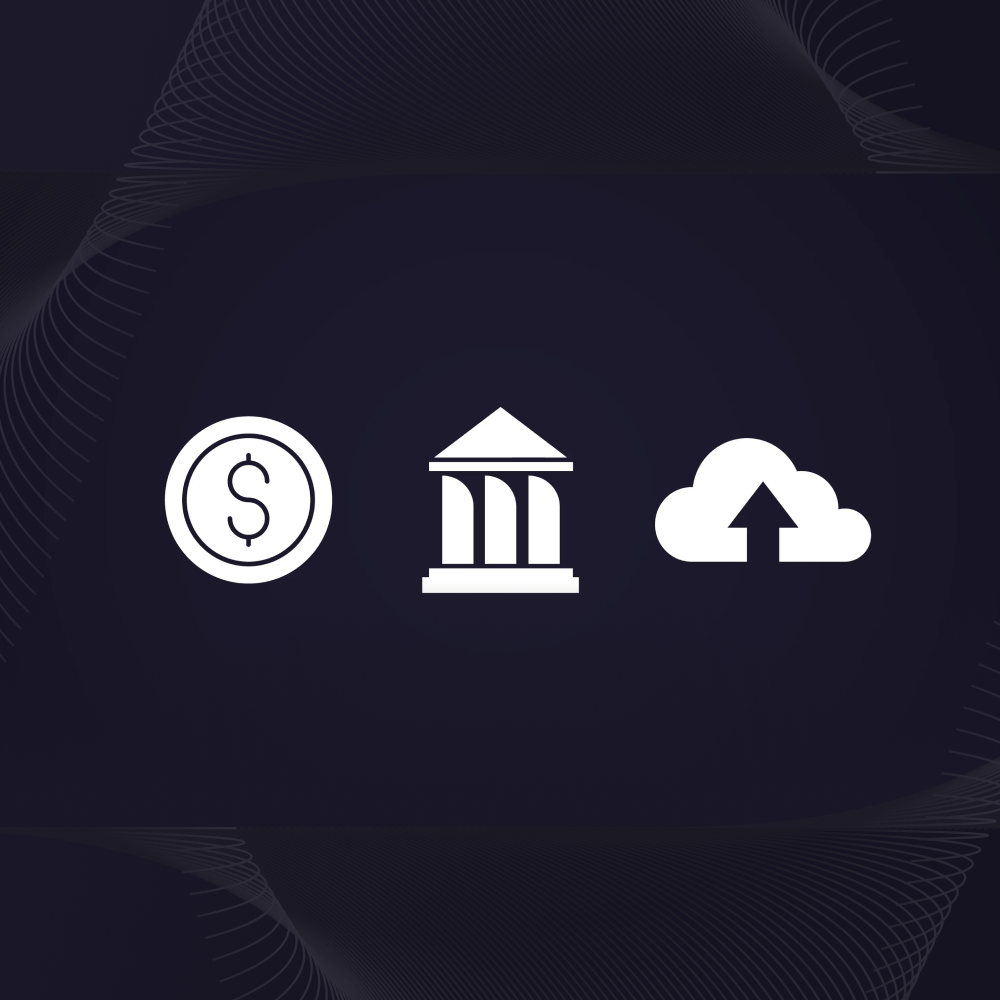 Minimalist illustration of a fintech concept showing icons of money, a bank building, and cloud technology, representing cost optimization and digital transformation in financial systems.