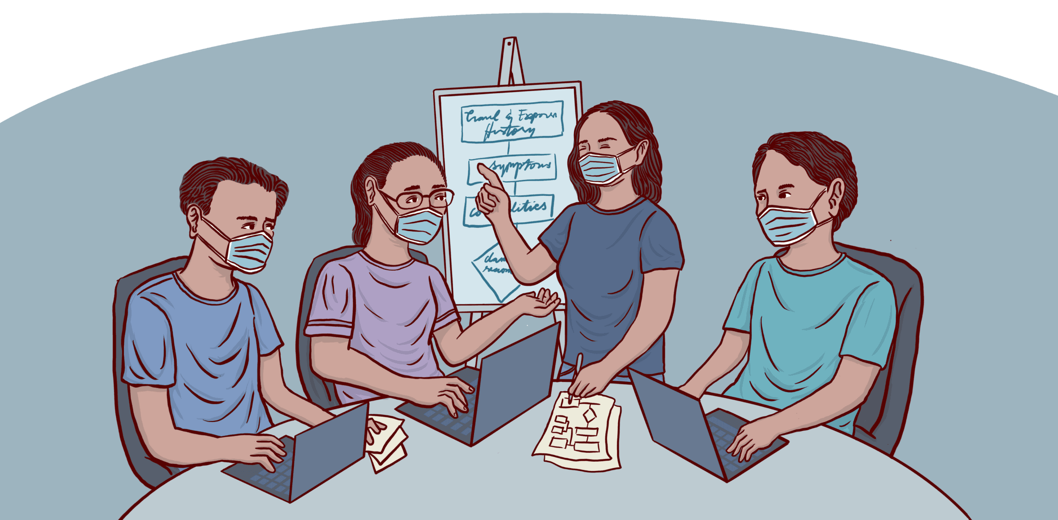 A cartoon illustration of 4 wearing face masks while having a meeting and some are listening while using their laptops.