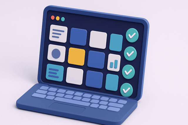 Open laptop displaying a grid of design components with checkmarks and highlighted areas, on a light gray background.