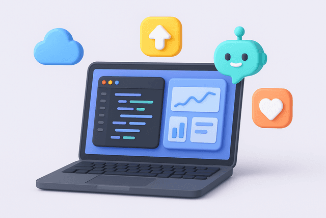 Open laptop displaying a user interface with code and a dashboard, surrounded by icons representing cloud services and customer engagement on a light gray background.