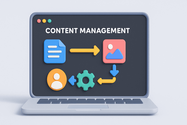 Open laptop displaying a flowchart of content management processes, with colorful icons and arrows on a light gray background.