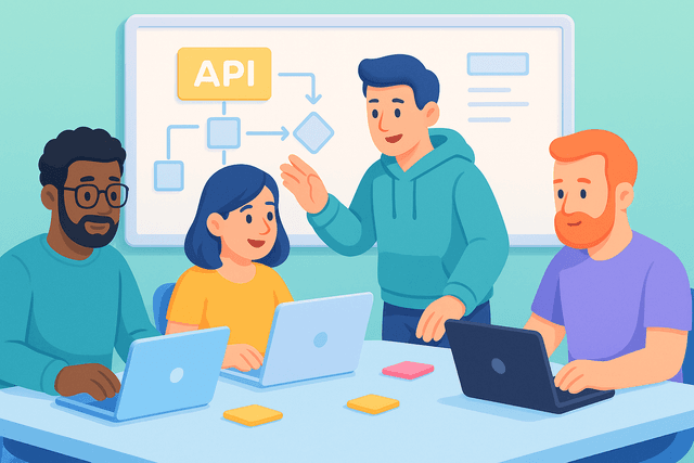 Team of four developers collaborating at a table with laptops, sticky notes, and a whiteboard filled with diagrams in a bright office space.