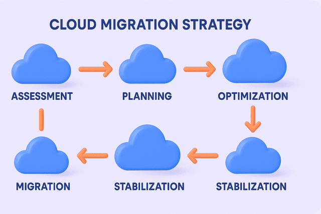 Flowchart depicting five stages of cloud migration strategy, with arrows connecting cloud icons and labeled steps on a light gray background.