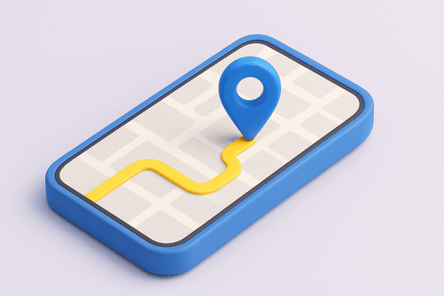Smartphone displaying a map with a blue location pin and a route highlighted in yellow, on a light gray background.