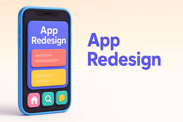 On a landscape frame, a smartphone screen displays a redesigned app interface with simplified navigation icons and a vibrant color scheme, set against a white background.