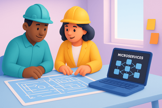 Two architects discussing blueprints on a large table, with a laptop displaying a microservices diagram and sticky notes in a bright office space.