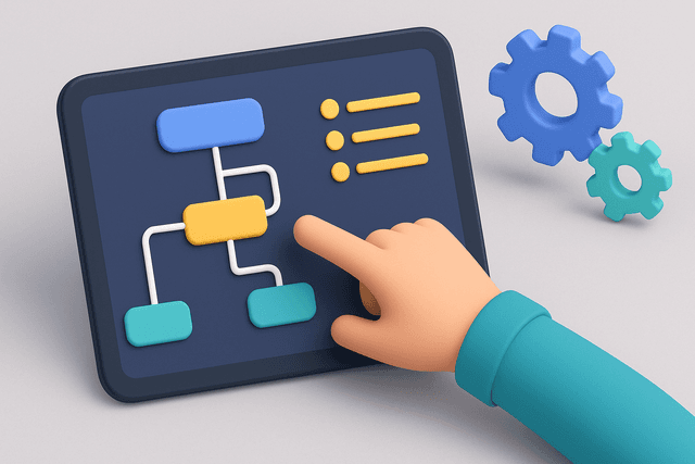 Person pointing at a digital tablet displaying a flowchart, with gear icons and strategic notes, on a light gray desk.