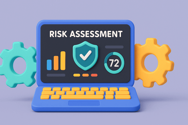 Laptop displaying a security dashboard with risk assessment metrics, flanked by two gears on a gray background.