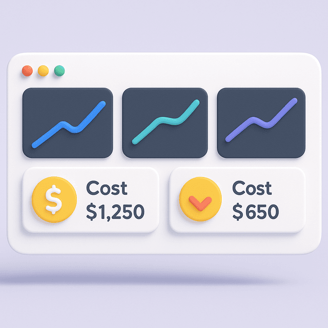 Dashboard displaying multiple performance metrics with rising line graphs and cost indicators on a light gray background.