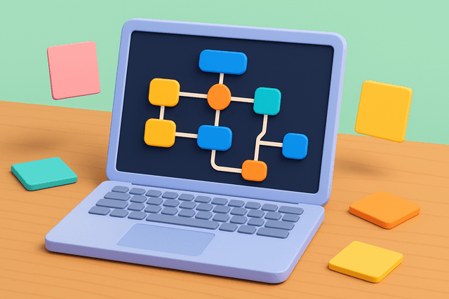 Open laptop displaying a flowchart with interconnected nodes, surrounded by colorful post-it notes on a wooden desk.