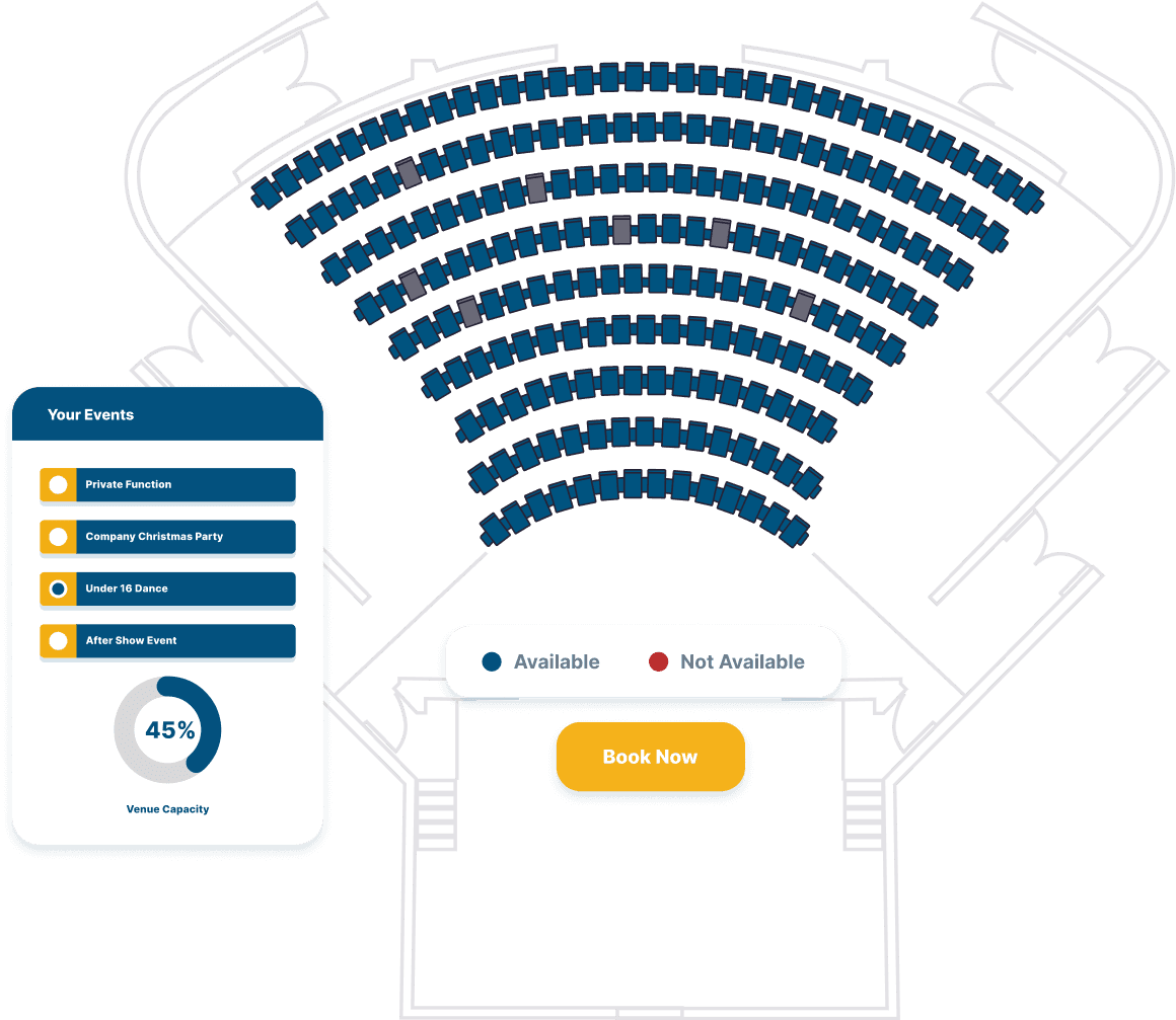 A top-down view of the seatings in a venue indicating which seats are available with a selection of events to view.