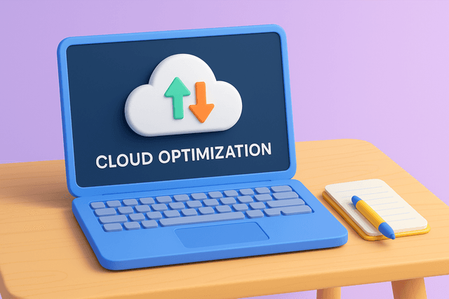 Laptop displaying a cloud icon with arrows indicating performance and cost optimization, placed on a wooden desk with a notepad and pen.