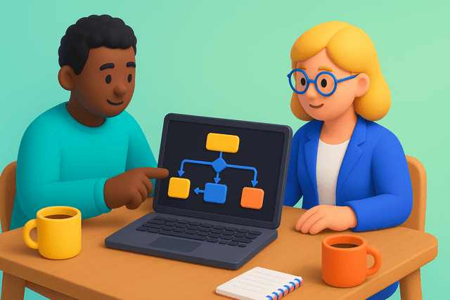 Two professionals collaborating over a laptop displaying a flowchart, with a notepad and coffee cups on a wooden table.