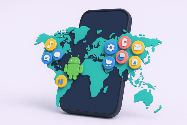 Smartphone displaying a world map with app icons clustered by region, against a light gray background.