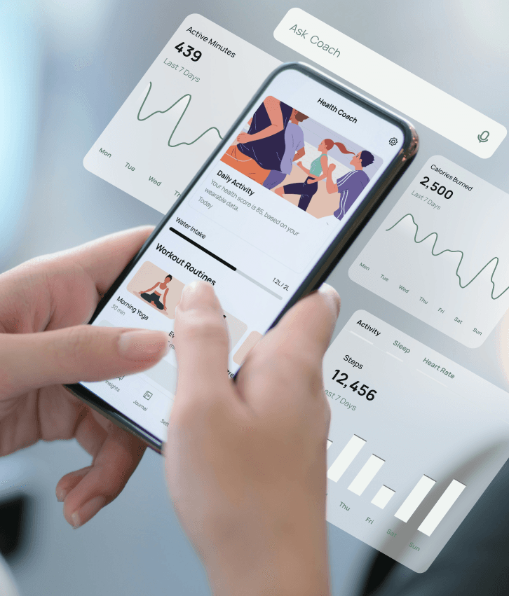 Android app development concept with user tracking health and fitness data on a smartphone, symbolizing custom Android mobile app development for lifestyle and productivity.