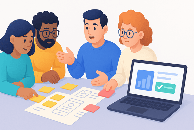 Group of four researchers discussing user feedback notes and sketches around a table, with a laptop displaying survey results on a white background.