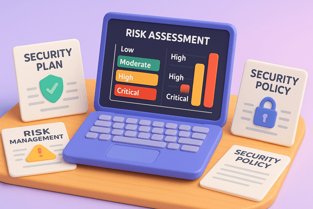 Open laptop displaying a risk assessment dashboard with color-coded risk levels, surrounded by security planning documents on a wooden desk.