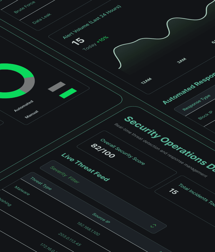 Security monitoring dashboard from a SOC showing real-time threat detection feeds, automated alerts, and response metrics, representing managed security monitoring services.