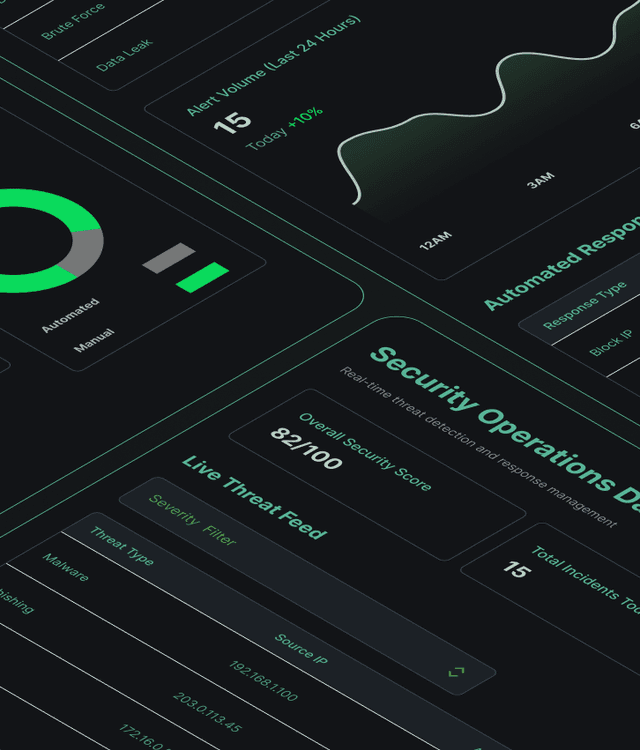 Security monitoring dashboard from a SOC showing real-time threat detection feeds, automated alerts, and response metrics, representing managed security monitoring services.