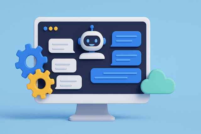 Desktop screen displaying a chatbot interface with conversation bubbles, flanked by gears and a cloud symbol on a light blue background.