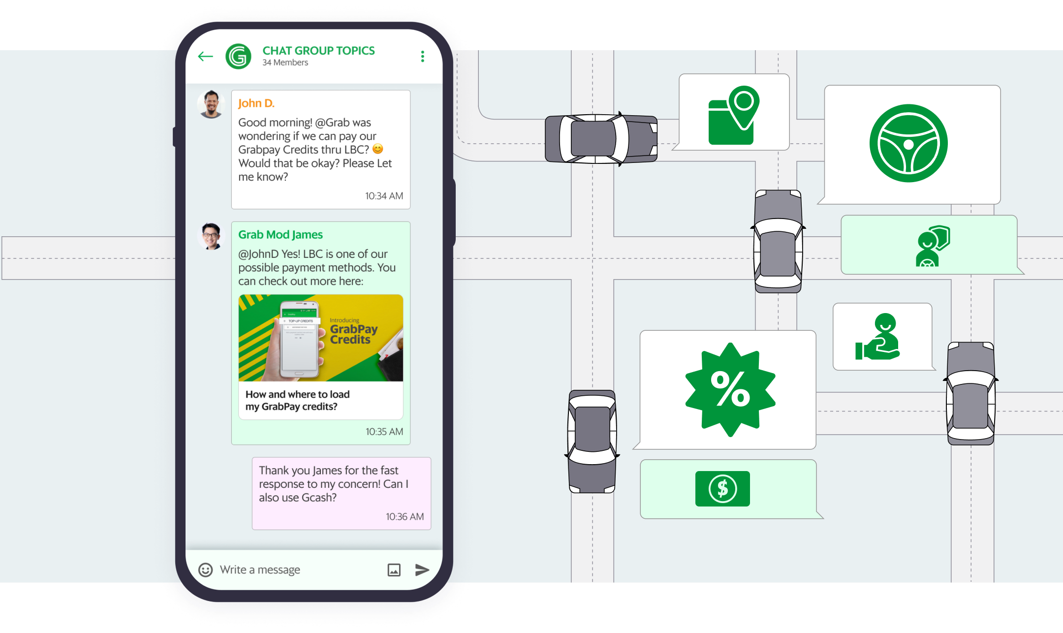 Grab Communities chat group messages, with a user asking on payment methods and a minimalistic background of roads and cars.