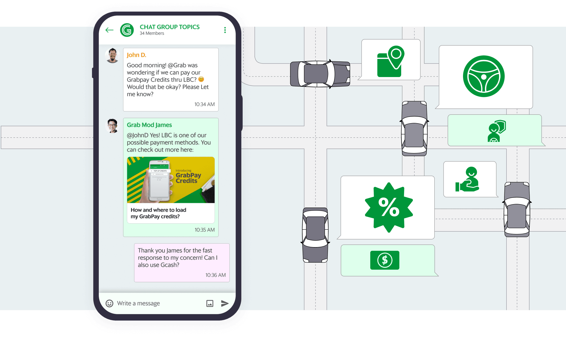 Grab Communities chat group messages, with a user asking on payment methods and a minimalistic background of roads and cars.