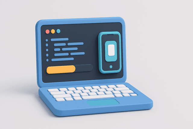 Open laptop displaying a code editor with a progress bar and a mobile device icon, on a light gray background.