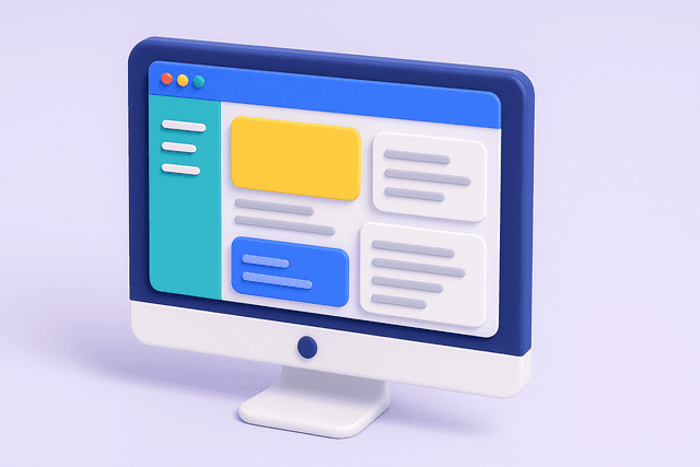 Desktop computer displaying a customizable CMS interface with editable content blocks and a sidebar menu on a light gray background.