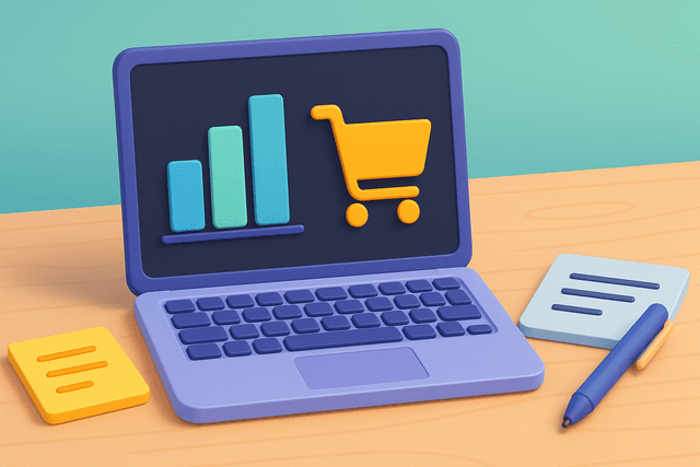 Open laptop displaying a bar chart and a shopping cart icon, surrounded by notes and a pen on a wooden desk.