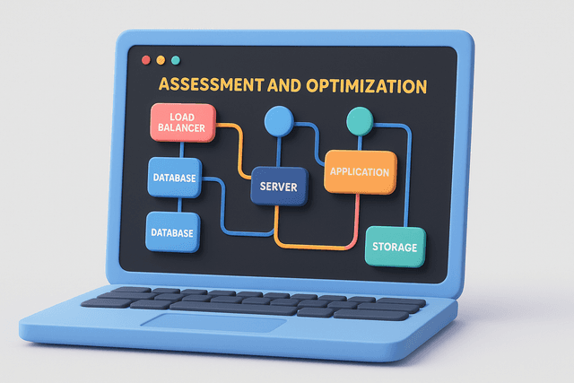 Open laptop displaying a detailed system architecture diagram with interconnected components and labeled nodes, representing the assessment and optimization of existing architecture, on a light gray background.