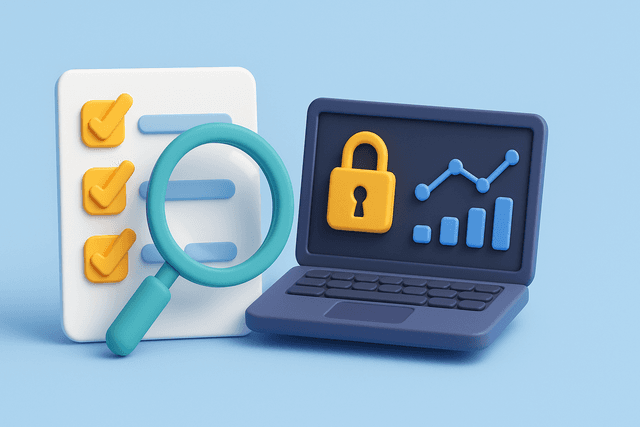 Magnifying glass over a checklist with three checked items and a laptop displaying security graphs on a light blue background.