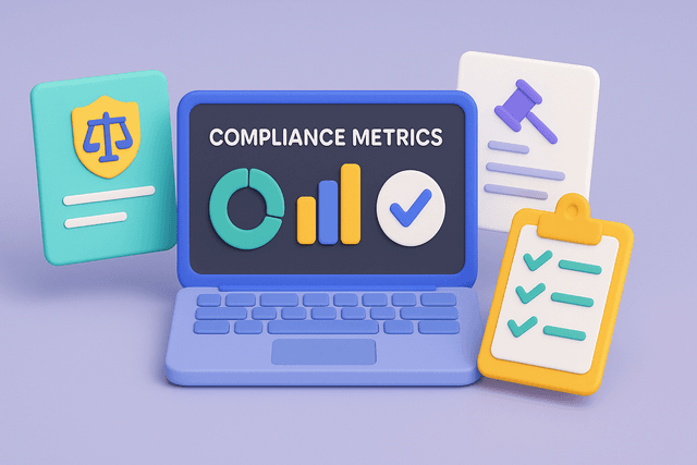Laptop displaying a dashboard with compliance metrics, surrounded by regulatory documents and a checklist on a gray background.
