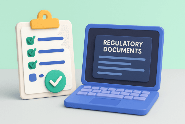 Clipboard with a checklist and a green checkmark, next to a laptop displaying regulatory documents on a light gray desk.