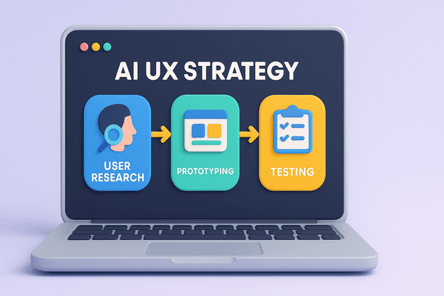 Laptop displaying a flowchart of AI user experience design steps, with icons representing user research, prototyping, and testing on a light gray background.